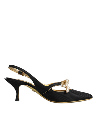 Dolce &amp; Gabbana Black Leather Faux Pearls Slingbacks Shoes