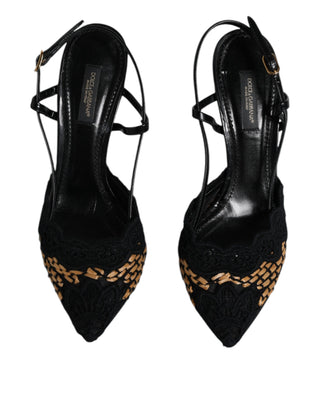 Dolce &amp; Gabbana Black Brown Lace High Heels Slingback Shoes