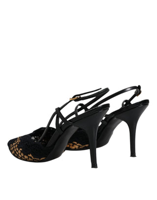 Dolce &amp; Gabbana Black Brown Lace High Heels Slingback Shoes