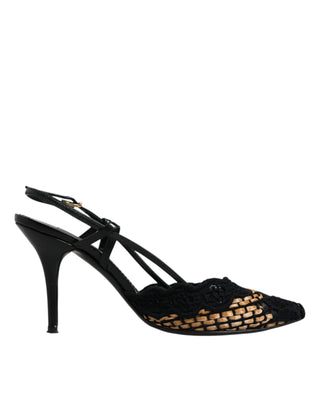 Dolce &amp; Gabbana Black Brown Lace High Heels Slingback Shoes