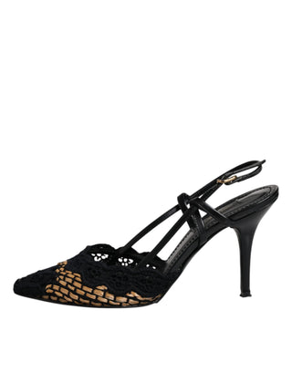 Dolce &amp; Gabbana Black Brown Lace High Heels Slingback Shoes