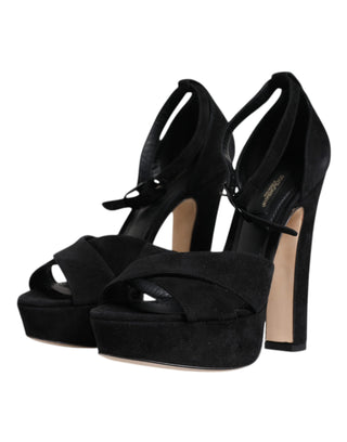 Dolce &amp; Gabbana Black Leather Platform Heels Sandals Shoes