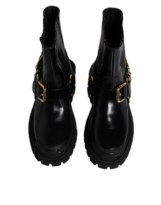 Dolce &amp; Gabbana Black Leather Slip On Stretch Trekking Boots Shoes