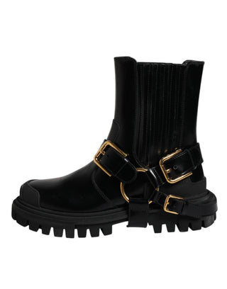 Dolce &amp; Gabbana Black Leather Slip On Stretch Trekking Boots Shoes