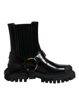 Dolce &amp; Gabbana Black Leather Slip On Stretch Trekking Boots Shoes