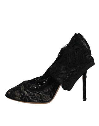 Dolce & Gabbana Black Lace Stretch Heels Mid Calf Boots Shoes