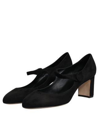 Dolce &amp; Gabbana Black Suede Leather Block Heels Pumps Shoes