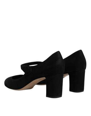 Dolce &amp; Gabbana Black Suede Leather Block Heels Pumps Shoes