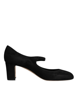 Dolce &amp; Gabbana Black Suede Leather Block Heels Pumps Shoes