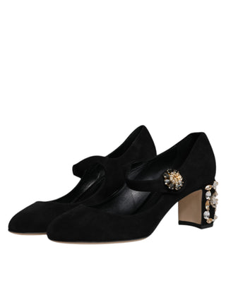 Dolce &amp; Gabbana Black Suede Crystal Mary Jane Heels Shoes