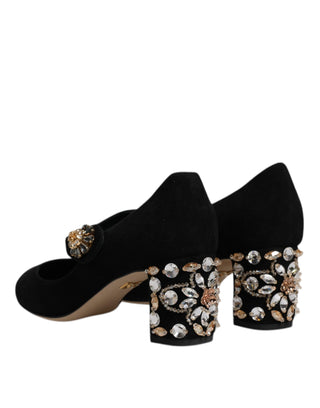 Dolce &amp; Gabbana Black Suede Crystal Mary Jane Heels Shoes