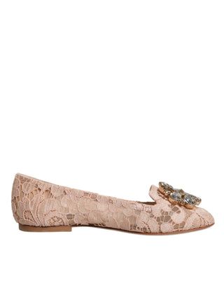 Dolce &amp; Gabbana Beige Lace Crystal Ballet Flats Loafers Shoes