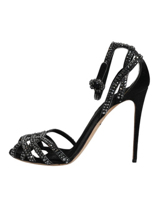 Dolce & Gabbana Black Strass Ankle Strap Heels Sandals Shoes