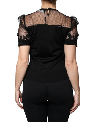 Dolce & Gabbana Black Floral Lace Short Sleeves Blouse Top