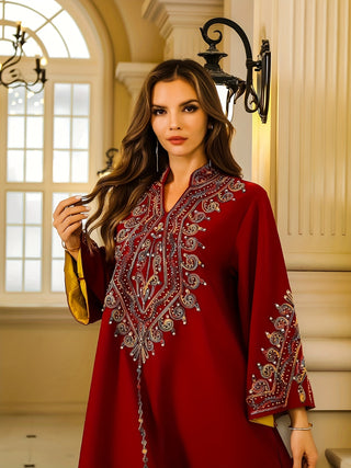 Embroidered Kaftan Dress with Bell Sleeves, Elegant V Neck and Collar Ankle Length Loose Muslim Dress, Women's Clothing 