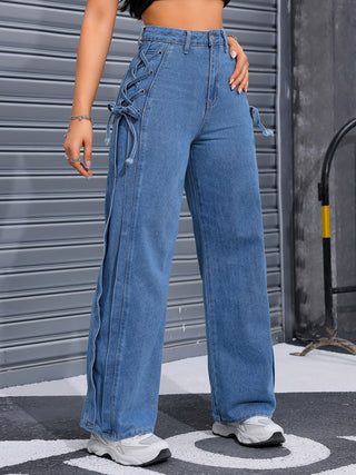 Women's Casual High Waist Wide Leg Jeans Light Blue Wash Simple Side Tie 