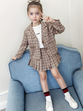 Girls Elegant Plaid Suit Long Sleeve Collar Blazer + Pleated Skirt 2 Piece School Party Set Casual Outdoor Leisure Outfits 