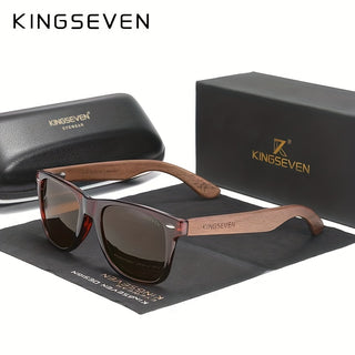 KINGSEVEN Fashionable Versatile Square Frame Sunglasses with Black Walnut Temples for Men Women Outdoor Sports Party Holiday Travel Fishing Photo Shoot 