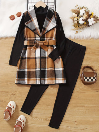 Stylish 3 Piece Girls Outfit Set: Plaid Sweater with Tie Front, Turtleneck Knitted Shirt and Leggings - Perfect for Fall/Winter 