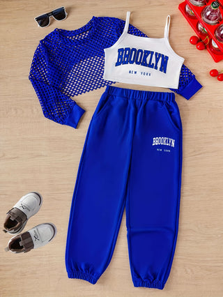 Girls 3 Piece Outfit Set, Brooklyn Letter T-shirt + Hooded Top + Jogger Pants - Versatile for Summer and Casual Outdoor 