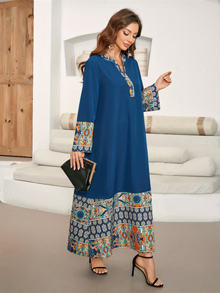 Ramadan Kaftan Dress with Ethnic Print and Colorful Patchwork, Elegant Slit Neck with Long Sleeves and Loose Fit Maxi Length, Women's Clothing 