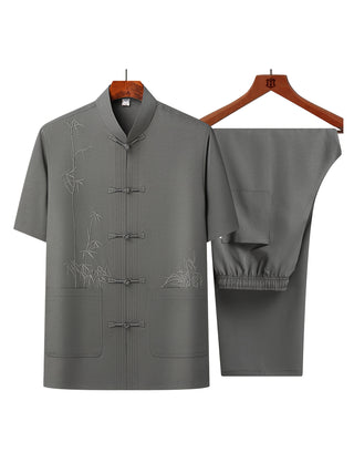 بدلة صيفية للرجال في منتصف العمر وكبار السن بياقة واقفة وأزرار بأسلوب ريترو بأكمام قصيرة + بنطلون مطاطي، بدلة تانغ الصينية المطرزة من قطعتين، مقاس صيني، يرجى التحقق من دليل المقاسات بعناية