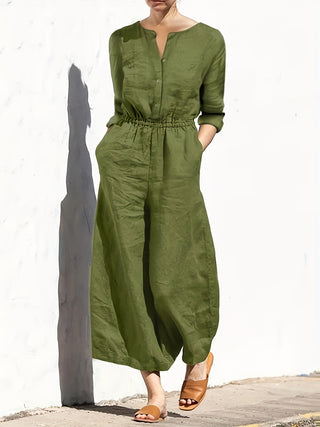 Solid Color Cut Out Neck Jumpsuit Casual Long Sleeve Wide Leg Slash Pockets Jumpsuit for Spring Autumn Women Clothes 