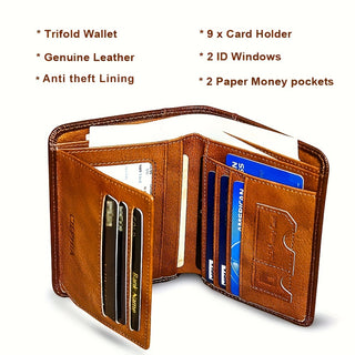 Genuine Leather RFID Blocking Wallet for Men, Retro Slim Short Design Multifunctional ID Credit Card Holder, Valentine's Day Gifts for Men