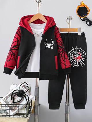 2-Piece Boys Clothes, Casual Fashion Thick Fleece with Spider Web Print, Hooded Zip-Up Sweatshirt and Pants Set, Comfortable Versatile Fashion Kids Clothes, Perfect Gift for Fall/Winter, Polyester Material, Regular Fit, Knit Fabric 