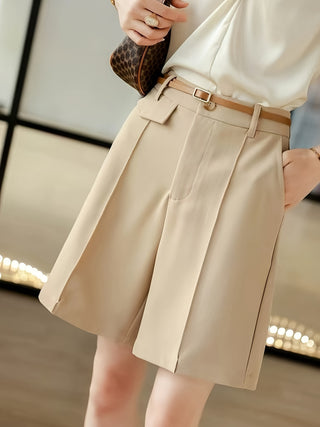 High Waist Loose Shorts with Slant Pockets, Solid Color and Crinkle Shorts for Spring and Summer, Women's Clothing 