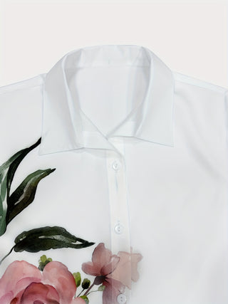 Floral Print Short Sleeve Shirt, Regular Button Front Shirt with Collar, Women's Clothing 