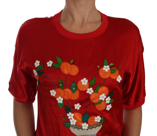 Dolce &amp; Gabbana Red Silk Floral Embroidered Elegance Top