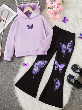 Girls Set: Butterfly Print Long Sleeve Hoodie + Butterfly Print Bell Bottoms 2 Pieces, Perfect for Outdoor 