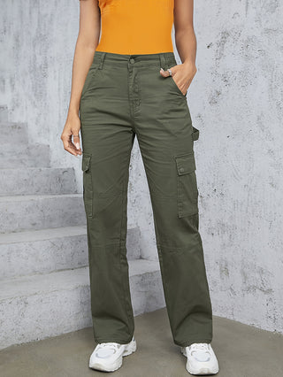 Plain Pocket Cargo Pants, High Waist Loose Wide Leg Straight Jeans, Women's Sportswear 