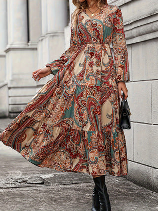 Paisley Print Ramadan Maxi Dress, Boho Long Sleeve Layered Maxi Dress, Women's Clothing 