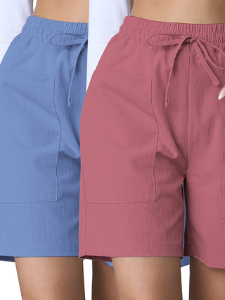 2pcs Solid Color Patchwork Pocket Shorts Casual Elastic Waist Drawstring Shorts for Spring Summer Women Clothing 