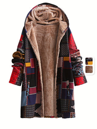 Bohemian Style Patchwork Wool Lined Long Sleeve Button Hooded Coat with Pockets Plus Size 