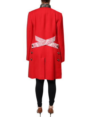 Dolce &amp; Gabbana Red Jacquard Wool Women Trenchcoat Jacket