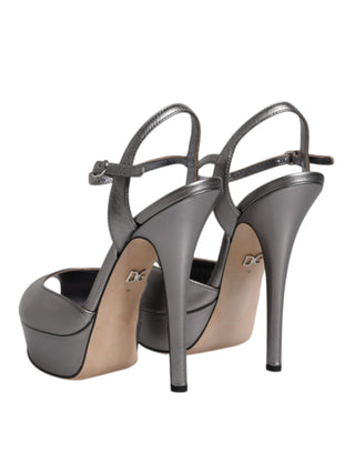 Dolce &amp; Gabbana Silver Leather Platform Heels Sandals Shoes