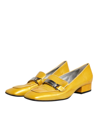 Dolce &amp; Gabbana Yellow Leather Logo Plaque Slip On Mocassin Shoes