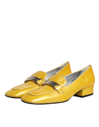 Dolce &amp; Gabbana Yellow Leather Logo Plaque Slip On Mocassin Shoes