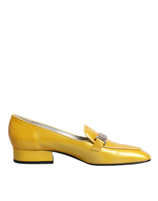 Dolce &amp; Gabbana Yellow Leather Logo Plaque Slip On Mocassin Shoes