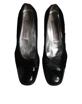 Dolce &amp; Gabbana Black Leather Block Heels Pumps Shoes