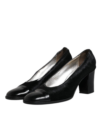 Dolce &amp; Gabbana Black Leather Block Heels Pumps Shoes