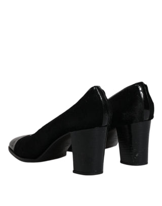 Dolce &amp; Gabbana Black Leather Block Heels Pumps Shoes