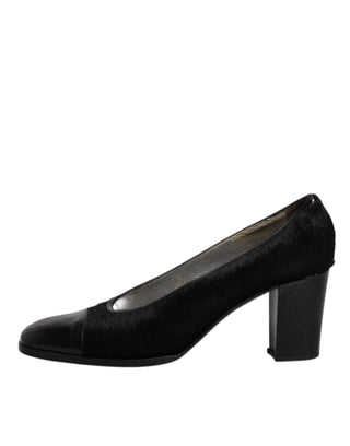 Dolce &amp; Gabbana Black Leather Block Heels Pumps Shoes