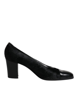 Dolce &amp; Gabbana Black Leather Block Heels Pumps Shoes