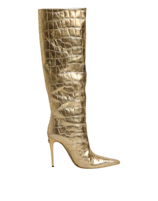 Dolce & Gabbana Gold Leather Stiletto Heels High Boots Shoes