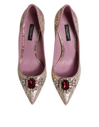 Dolce &amp; Gabbana Pink Gold Jacquard Crystal High Heels Pumps Shoes