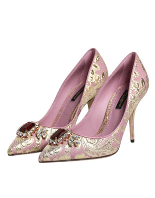 Dolce &amp; Gabbana Pink Gold Jacquard Crystal High Heels Pumps Shoes